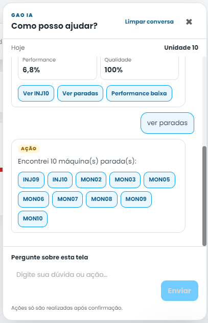 GAO IA listando os recursos parados após solicitação do usuário